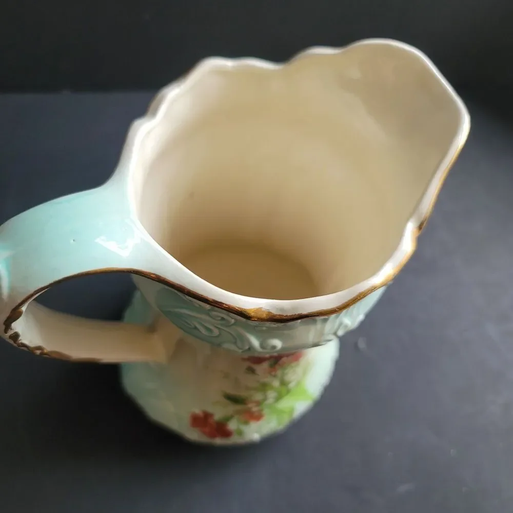 Vtg Pitcher Grandma Core Pitcher Vase Signed RS Prussia Gold Blue 9